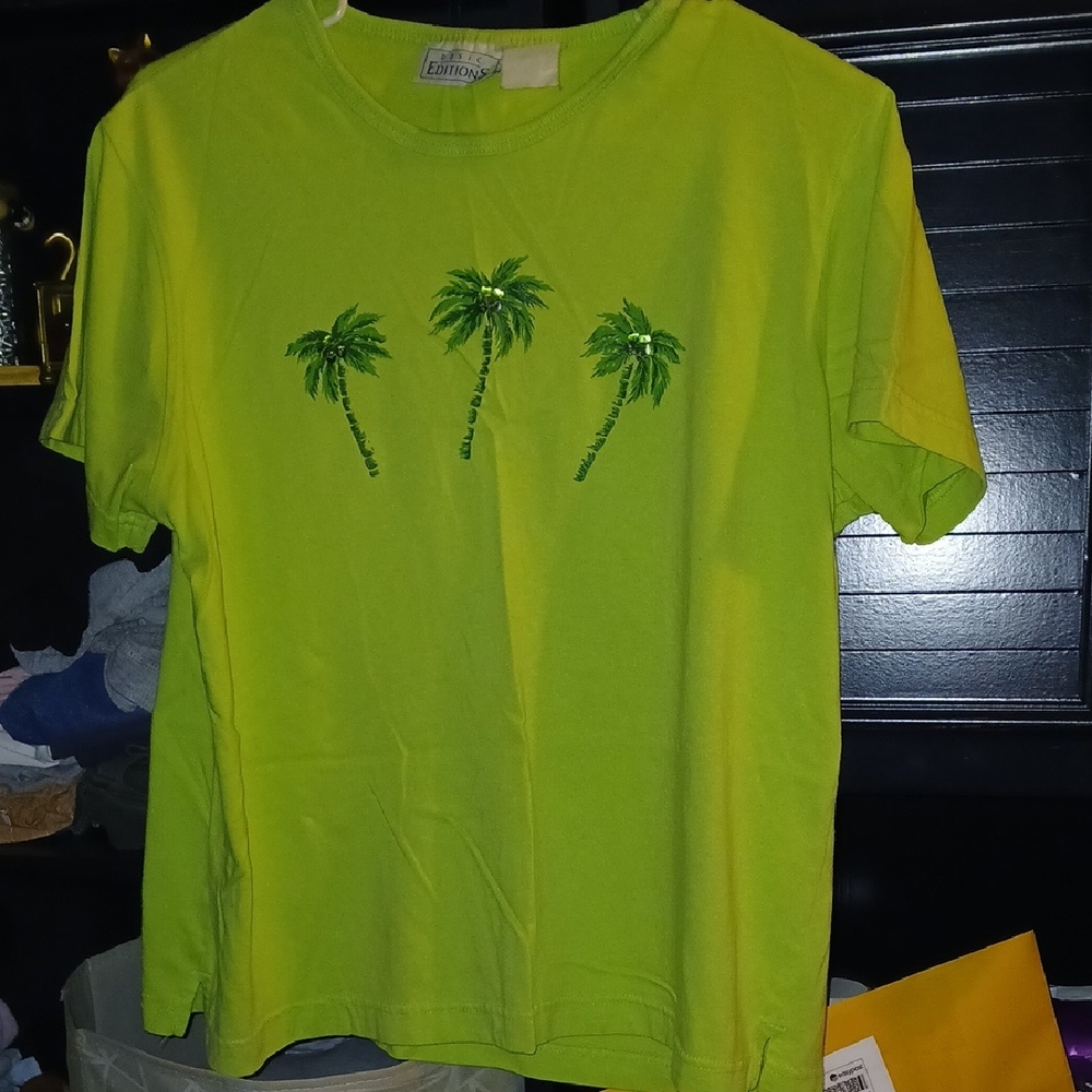 Basic Editions Bright Green Tee with Palm Tree Design